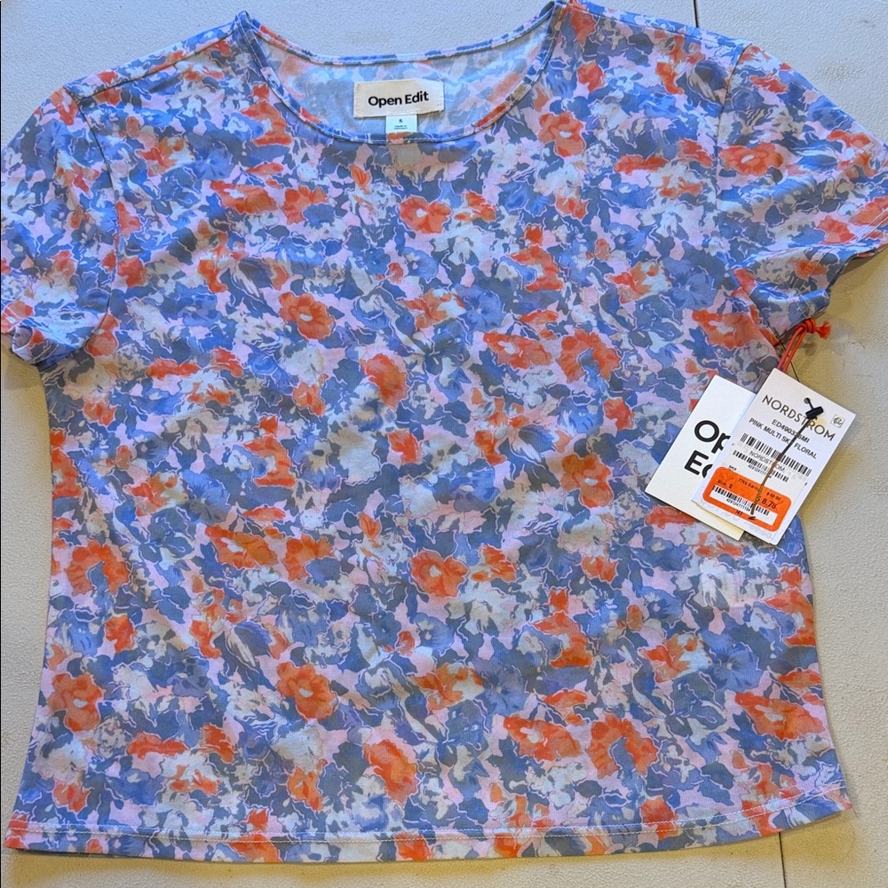 Open Edit Women’s Short Sleeve Floral Tee in Lavender and Coral
